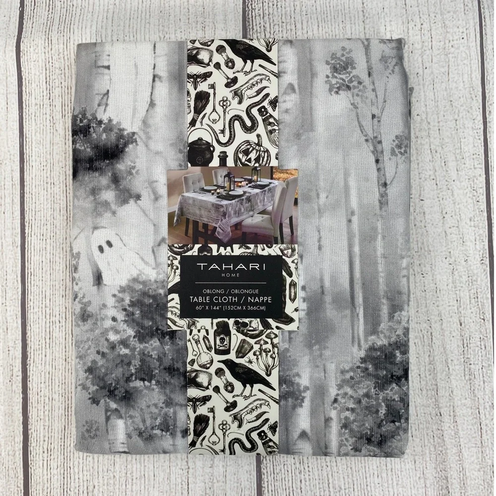 Tahari Home Tablecloth 60x144 Gray Ghost Birch Forest Metallic Oblong Halloween